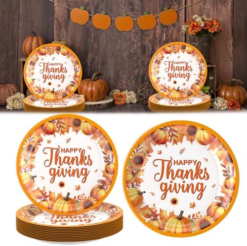 20 Pcs Happy Thanksgiving Party Disposable Paper Plates Fall Themed 9 Inch Round Dinner Plates for Autumn Party Decorations (Pumpkin Maple Leaves) by Ncozwo