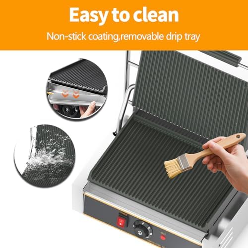 Commercial Panini Press - 2200W Commercial Panini Press Grill w/ 14"x9" Cooking Pan & Adjustable Temp, Commercial Sandwich Press w/Nonstick Coating, Removable Drip Tray, Double-sided Heating - Image 5