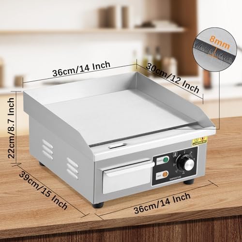 Commercial Electric Griddle 14 Inch – 1500W Stainless Steel, Non-Stick Flat Top Teppanyaki Grill, Adjustable Temp 50°C-300°C (122°F-572°F), Includes 2 Shovels & 2 Brushes, Countertop - Image 2