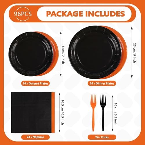 Grencian 96Pcs Orange and Black Party Decorations, Serves 24 - Image 3