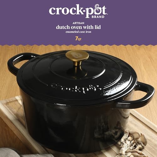 Crock Pot Artisan 7-Quart Round Cast Iron Dutch Oven with Lid – Black Enamel Finish, Gold Knob, Durable Heavy-Duty Cookware for Slow Cooking, Baking, and Roasting - Image 3