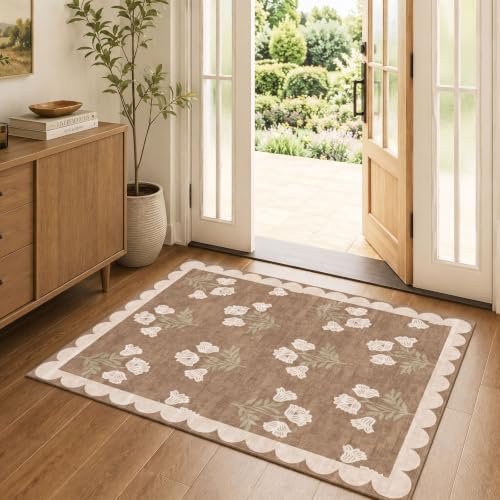 3x4 Floral Entry Rug - Small Washable Indoor Outdoor Mats for Front Door Non-Slip Porch Rug Tan Boho Neutral Farmhouse Throw Rugs for Living Room Bedroom Entryway Kitchen Office Porch Decor by Othilic