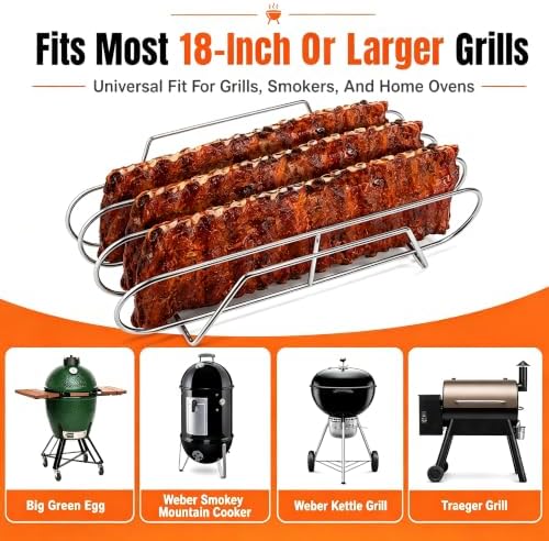 Rib Rack for Smoking –Rib Racks for Grilling and Smoking for 3 Full Racks of Ribs– Fits 18" Smoker, Weber, Kamado, Traeger – BBQ Grill Accessories for Men & Meat Lovers（15", Silver, 2 Pack） - Image 7