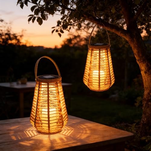 2 Pack Solar Lanterns Outdoor Waterproof, Hand-Woven Hemp Rope,10x5.5 Inch by LEOKED
