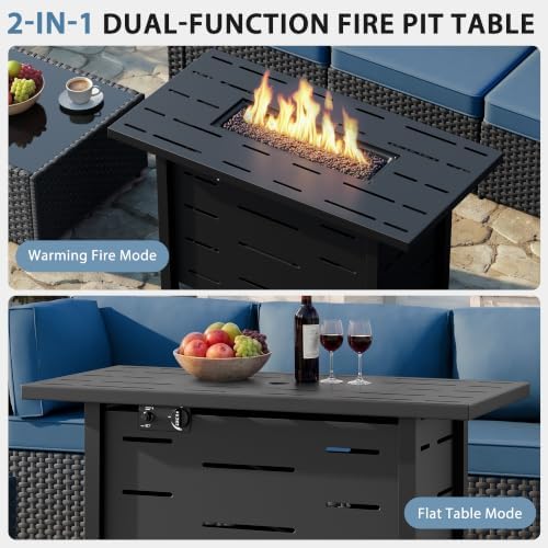 Shintenchi 8 Piece Outdoor Patio Furniture Set with 43 Inch Propane Fire Pit, Washable Cushions, Glass Coffee Table, Waterproof Cover & CSA Certified for Backyard Poolside, Black PE Rattan/Navy Blue - Image 6