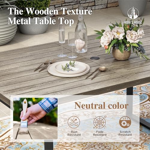 HERA'S HOUSE 7pc Outdoor Patio Dining Set, Wood-Look Metal Table, Brown - Image 2