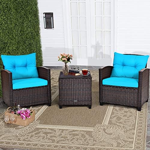 RELAX4LIFE 3 Piece Patio Furniture Set, Wicker Bistro Conversation Set w/ 2 Cushioned Armchairs & Glass Topped Table, Outdoor Rattan Sofa for Porch Balcony Poolside (Turquoise) by RELAX4LIFE