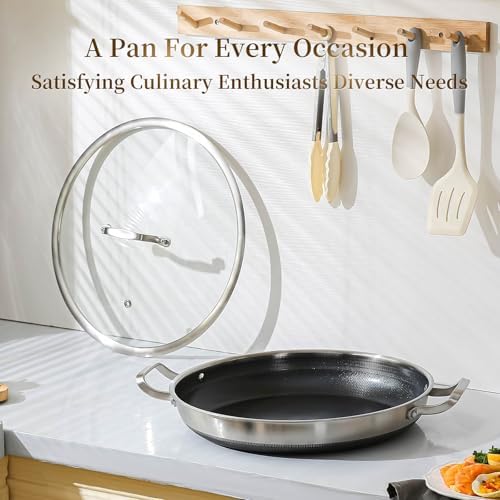 DELARLO Nonstick Paella Pan With Lid 14 Inch, Tri-Ply Stainless Steel Large Skillet, Everyday Pan, Fast & Even Heating Induction Cooking Pan, Dishwasher and Oven Safe, Heavy Duty Style - Image 6