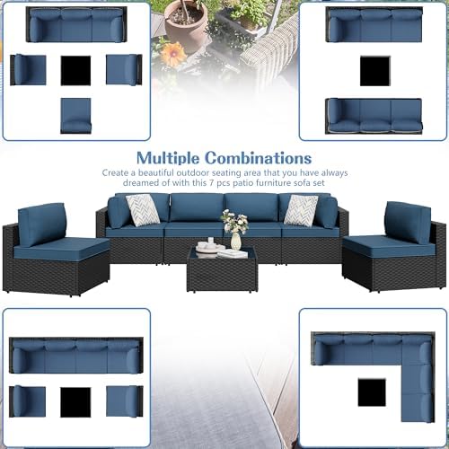 7 Piece Outdoor Patio Furniture Set with Black PE Rattan, Navy Blue - Image 2