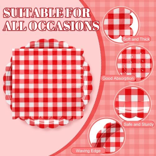 Roshtia 120 Pcs Red Gingham Plates and Napkins Set, Serves 60 - Image 3