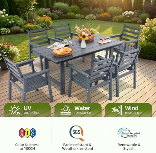 10-Piece Outdoor Dining Set, All-Weather HDPE Patio Furniture, Two 66.5" Slatted Table with 1.6" Umbrella Hole & 8 Ergonomic Armchairs, Heavy Duty 350lbs Capacity, UV Resistant, Gray - Image 5