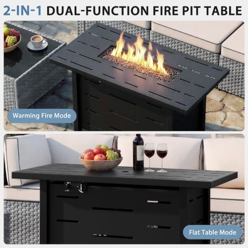 Shintenchi 8 Piece Outdoor Patio Furniture Set with 43 Inch Propane Fire Pit, Washable Cushions, Glass Coffee Table, Waterproof Cover & CSA Certified for Backyard Poolside, Silver PE Rattan/Khaki - Image 6