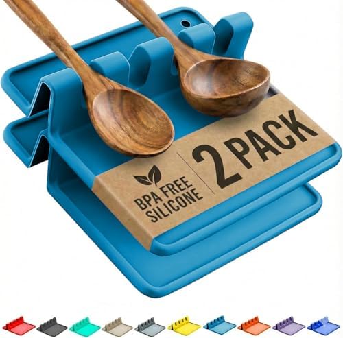 2 Pack Light Blue Silicone Spoon Rest for Stove Top Kitchen Spoon Holder Set by CoolerKitchen