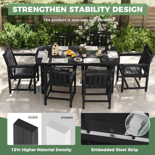 HDPE Outdoor Dining Set, Patio Table and 6 Chairs, 2" Umbrella Hole, Black - Image 4