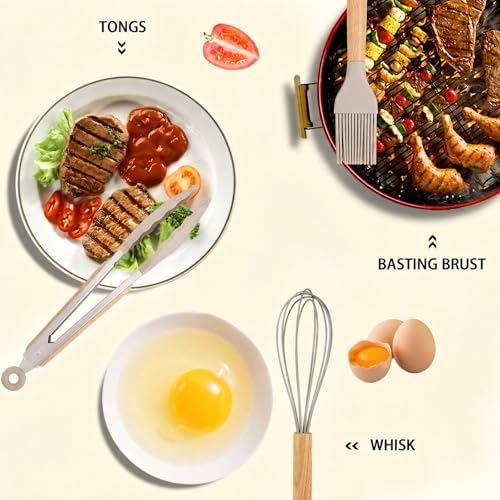 MIBOTE Silicone Cooking Kitchen Utensils Set, Wooden Handle, Khaki - Image 5