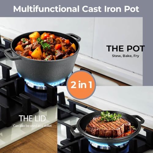 TLGREEN Cast Iron Dutch Oven 5.1QT Pot 1.9QT Skillet Lid Silicone Holders - Image 2