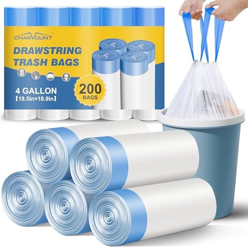 Charmount Small Trash Bags 4 Gallon, 200 Count Drawstring Mini Garbage Bags by CHARMOUNT