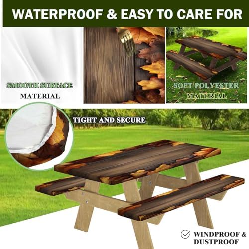CAPSCEOLL Fitted Picnic Table Cover with Bench Covers 5ft - Brown Wood - Image 4