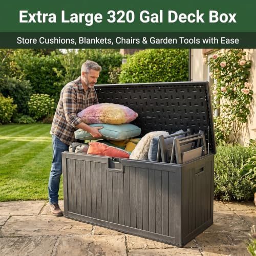320 Gallon Deck Box with 6 Waterproof Foot Pads, Resin Storage Box Weatherproof, Plastic Cushion Container with Lock and Lids for Pool Equipment, Black - Image 3
