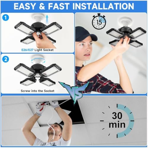 Aoretic LED Garage Lights 1 Pack -120W, 12000LM 6500K Led Shop Light with 4+1 Deformable Panels, Basement Barn Light Garages Ceiling Lights, E26/E27 for Garage, Warehouse, Shop - Image 5