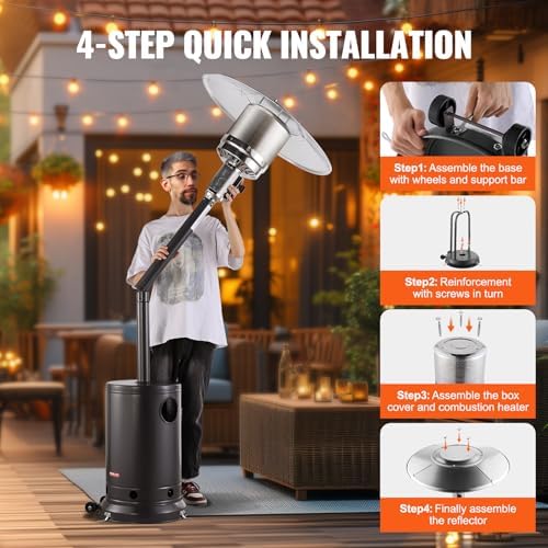 VEVOR 50000BTU Propane Patio Heater for Outdoor Use With Round Table Design, Metal Burner and Wheels - Tall Hammered Flame Heater for Party, Backyard, Garden, Silver Gray - Image 4