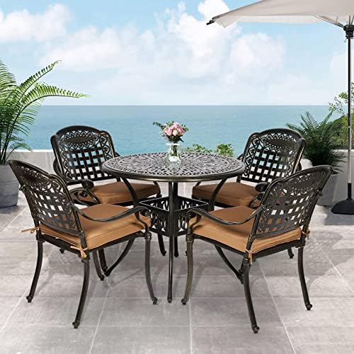 VIVIJASON 5-Piece Patio Furniture Dining Set, All-Weather Cast Aluminum Outdoor Conversation Set, Include 4 Cushioned Chairs and a 35.4" Round Table w/Umbrella Hole for Balcony, Lawn, Garden, Backyard - Image 2