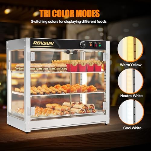 ROVSUN 3-Tier Commercial Food Warmer, 27" Pizza Warmer Food Warmer Display with LED Adjustable Lighting Glass Door Removable Shelves, Countertop Electric Food Warmer for Buffet Restaurant 110V 800W - Image 3