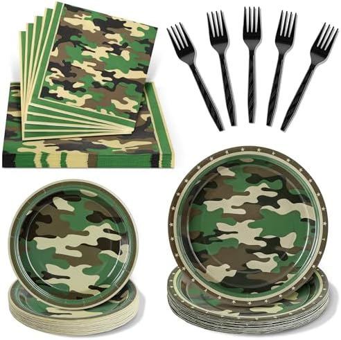 100 Pcs Disposable Camouflage Party Tableware Set for 25 Guests by COSINIA