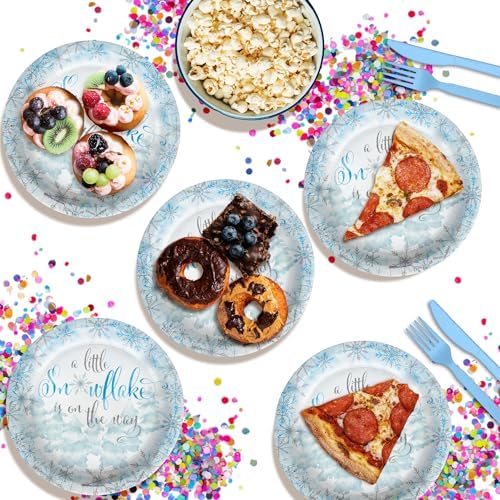 Birthday Galore A Little Snowflake is On The Way Boy's Baby Shower - 32 Piece Disposable Party Supplies - Winter Baby Shower Decorations - Round Party Plates - Large 9" Paper Plates In Bulk - Image 5