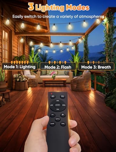 Brightever LED Outdoor String Lights, 150FT Dimmable Patio Lights with Remote Control, 45+2 Shatterproof ST38 Edison Bulbs, 3 Lighting Modes, 3H/5H Timer, Outdoor Hanging Light for Holiday, Party - Image 3