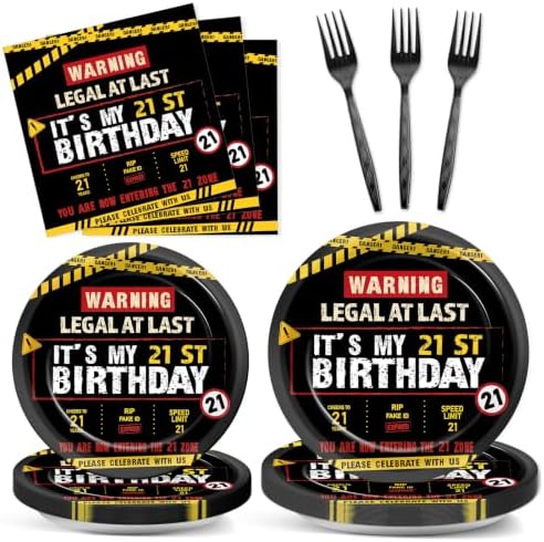 96 PCS Caution Logos 21th Birthday Party Paper Plates and Napkins 21 Years Old Party Decor Warning Sign Themed Teens 16th Dinnerware for Boys Girls 21 Years Old Birthday Gatherings Decorations by Oitnlaughter