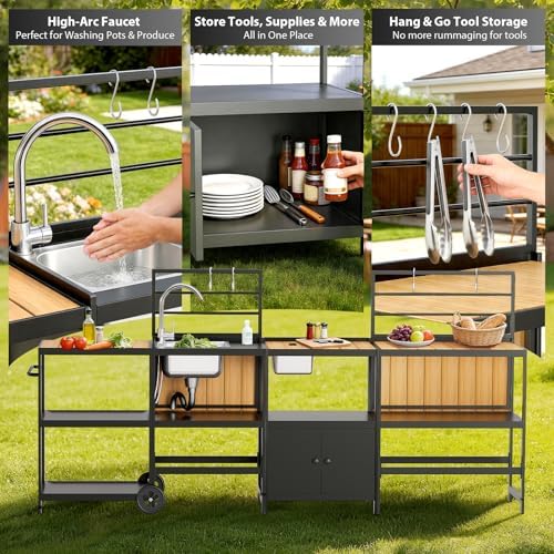 LEVELEVE Modular Outdoor Kitchen Island 4-Piece Set, Aluminum Outdoor Kitchen Cabinets Prep Station with Sink, Built-in Storage & Shelves for Patio, Backyard & Deck - Image 3