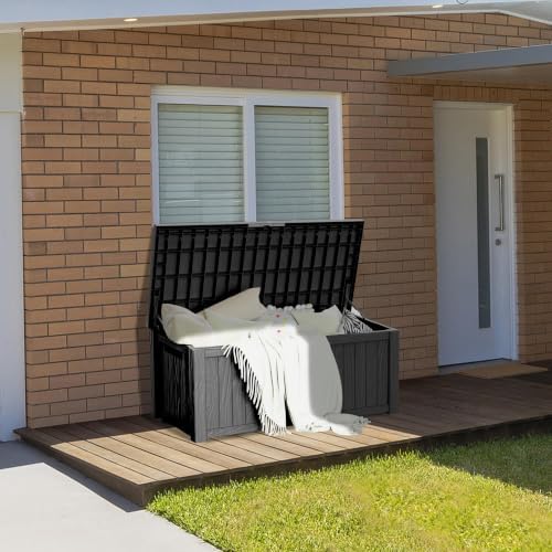 Outdoor Storage Box, 150 Gallon Waterproof Deck Box, Piston-Assisted Resin Trunk for Sectional Sofa Cushions, High-Capacity Lockable Double Storage Bench, Patio Lounge, Black - Image 2