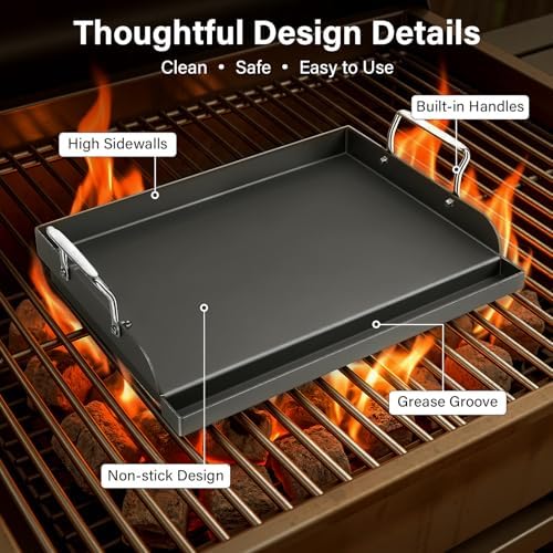 17" x 13" Cast Iron Flat Top Griddle - Oil Coating Non-Toxic - Universal Grill Insert with High Sidewalls, Fits Gas/Charcoal/Electric Grills (Weber, Charbroil, Nexgrill, More) - Image 5