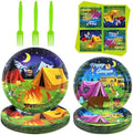 Camping Party Supplies - Camping Party Tableware - Dinner Plates, Dessert Plates, Napkins, Forks for Boy Camper Campfire Forest Picnic Adventure Party Supplies, Serves 25 by LSJDEER