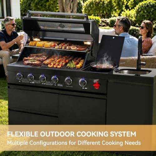 65" Modular Outdoor Kitchen Island,4-Burner 72,000 BTU Stainless Steel Propane Grill with Side Burner,Infrared Burner,Sink,and Granite Countertop.Gas Grill for Backyard & Patio BBQ. - Image 5