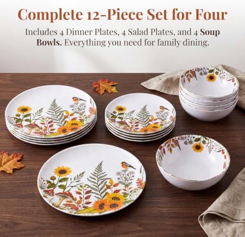 12-Piece Melamine Dinnerware - Sunflower Bird Plates and Bowls Set - Image 6