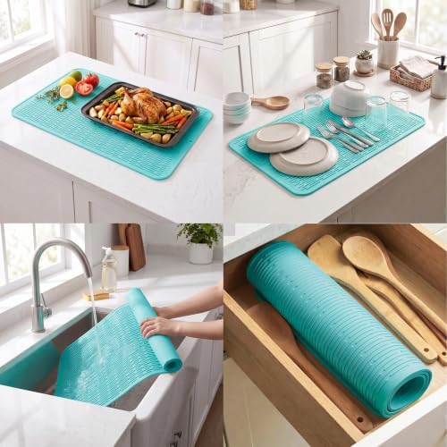 MicoYang Silicone Dish Drying Mat for Multiple Usage,Easy clean,Eco-friendly,Heat-resistant Silicone Mat for Kitchen Counter or Sink,Refrigerator or Drawer Liner Mint 4XL 32 inches x 18 inches - Image 4