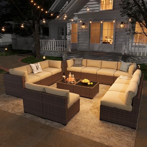 Aoxun Patio Furniture Sets, 14-Piece Outdoor Patio Furniture with 44'' Propane Gas Firepit Table, Wicker Outdoor Conversation Set Sectional Sofa for Backyard, Poolside, Garden - Image 3