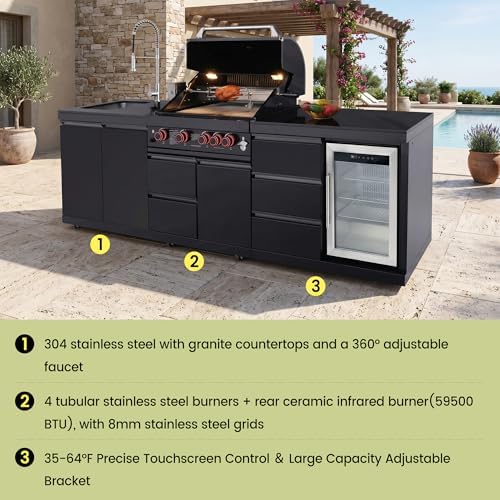 102.4 Inch Outdoor Kitchen Island, 4 Burner Propane Gas BBQ Grill 59500 BTU, 304 Stainless Steel Outdoor Grill Station with Sink, Refrigerator, Rotisserie, Storage Drawers & Cabinet, Black - Image 3