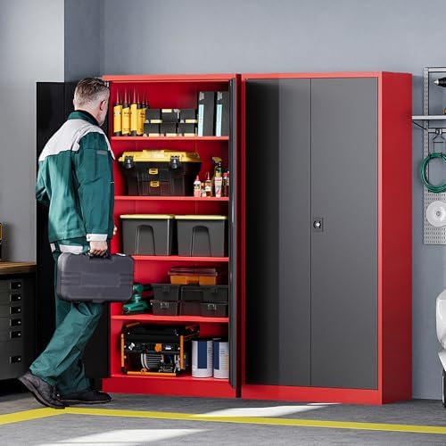 Letaya Metal Storage Cabinets with Lock, 72" Tall Locker Organizer Steel Cabinets, Adjustable Layers Shelves 2 Doors for Home, Office, Warehouse,Garage(Black Red) - Image 2