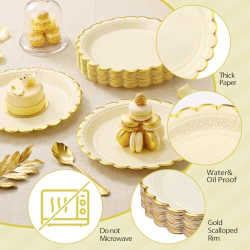 NatNarr 30 Pk Ivory Dessert Plates 7" Scalloped Cream Plates with Gold Rim - Image 3