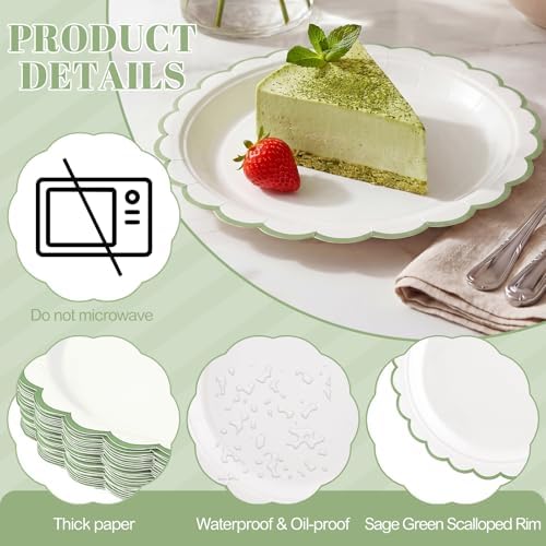 NatNarr 30 Pk Sage Green Paper Plates 9" Scalloped Green White Party Plates - Image 3