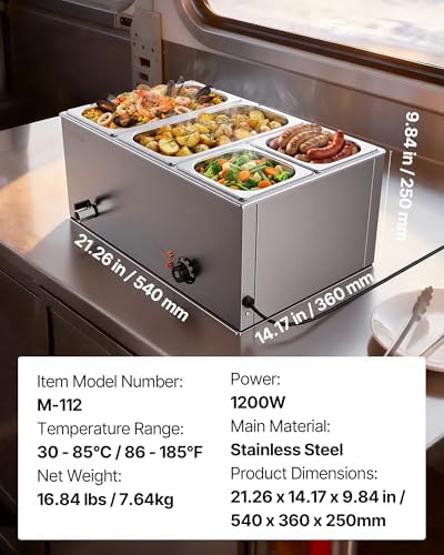VEVOR 4-Pan Commercial Food Warmer, 24QT Electric Steam Table, 1200W Professional Countertop Stainless Steel Buffet Bain Marie with 86-185°F Temp Control for Catering and Restaurants, Silver - Image 7
