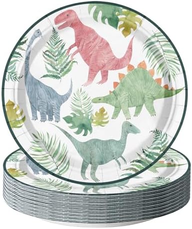 WRAPAHOLIC 25Pcs Birthday Paper Plates - 9 Inch Dinosaur Green Plant Disposable Plates Decorative Dinner Plates for Party Tableware Supplies Table Decor by WRAPAHOLIC