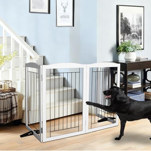 ZJSF Freestanding Dog Fence Indoor, Foldable Dog Gate for Doorways, Stairs or Hallways, Sturdy Wood Extra Wide Pet Gate with Support Feet for The House, White, 32 "Height-4 Panels - Image 3