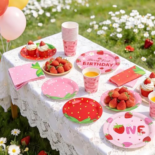 Kochorie 96 Pieces Berry First Birthday Decor Disposable Strawberry Tableware Set Include Fruit 7/9 Inch Paper Plates Cups Napkins Serve 24 Guests for Sweet One Baby Shower Berry Party Supplies - Image 7