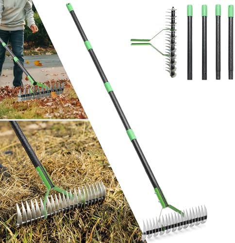Thatch Rake, 13" Wide Efficient Dethatcher Rake with 70" Adjustable Long Handle, Heavy Duty Steel Metal Dethatching Rakes for Cleaning Dead Grass, Loosening Soil, Lawn Care in Yard Garden by Unknown