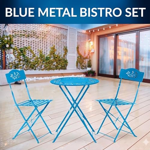 Alpine Corporation 3-Piece Bistro Set with Folding Table and 2 Chairs, Durable Steel Indoor/Outdoor Patio Furniture, Compact Seating, Blue - Image 2