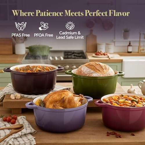Vintage Style 4.5 Quart Dutch Oven Pot with Lid, Non Stick Enameled Cast Iron Dutch Oven for Bread Baking, Heavy-Duty, Oven Safe Ceramic Cookware Up to 500°F for Baking, Braising, Stews, Roasting, Purple - Image 2